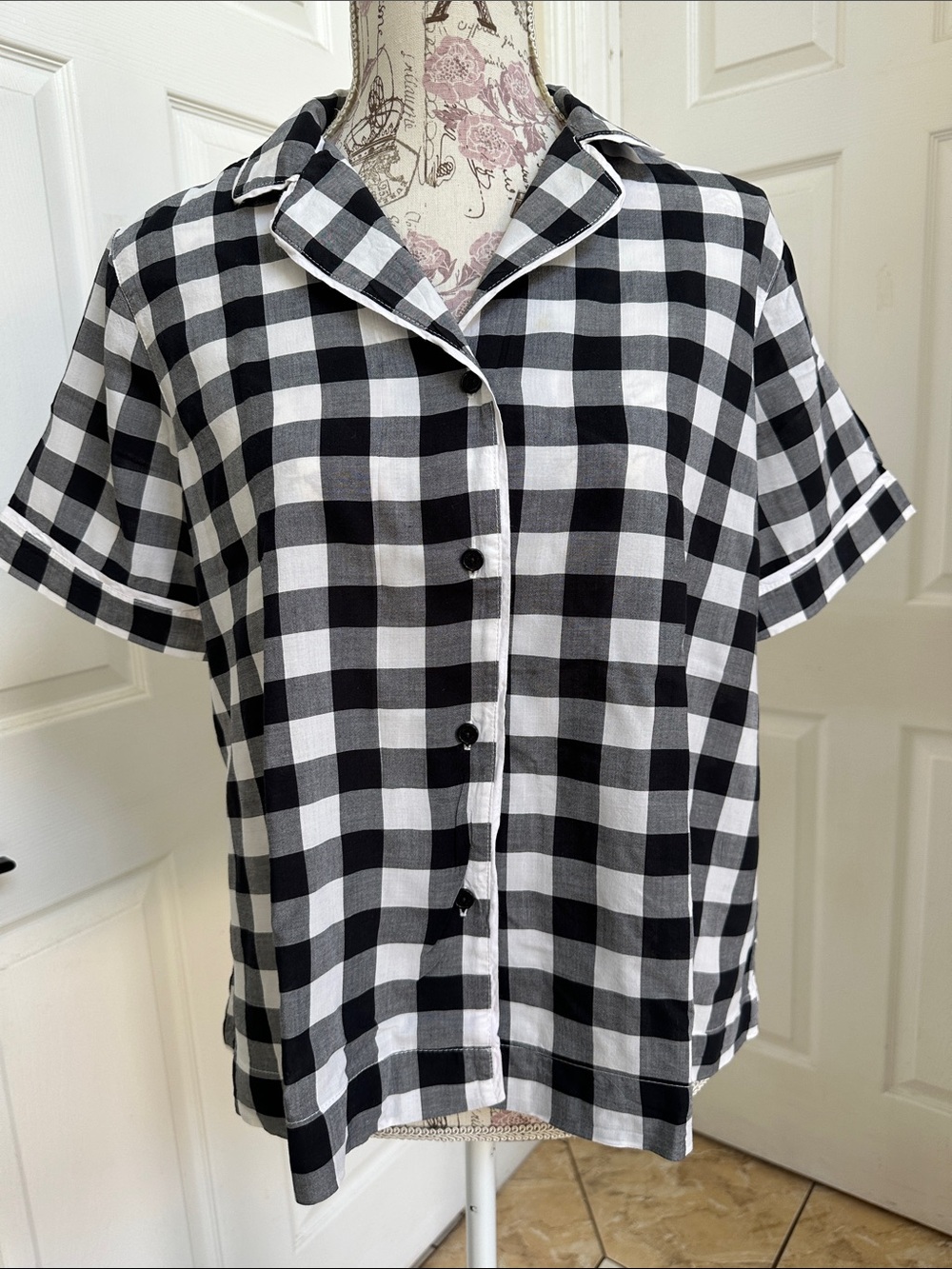 Kate Spade Women Black & White Buffalo Plaid Pajama Top Size L